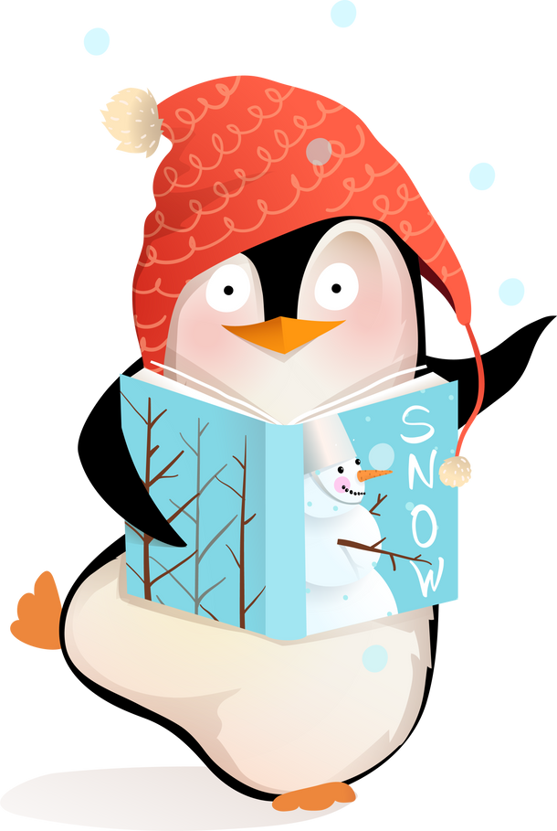 Penguin animal for children in winter read a book or study.